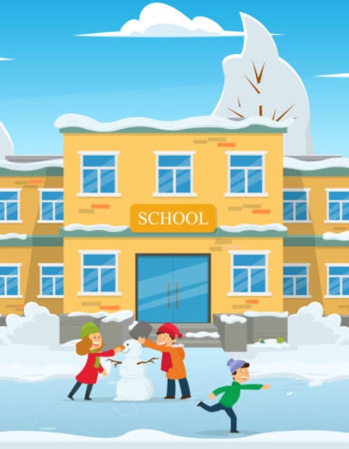 winter landscape, the school building in the snow, and children play in the school yard. vector illustration.